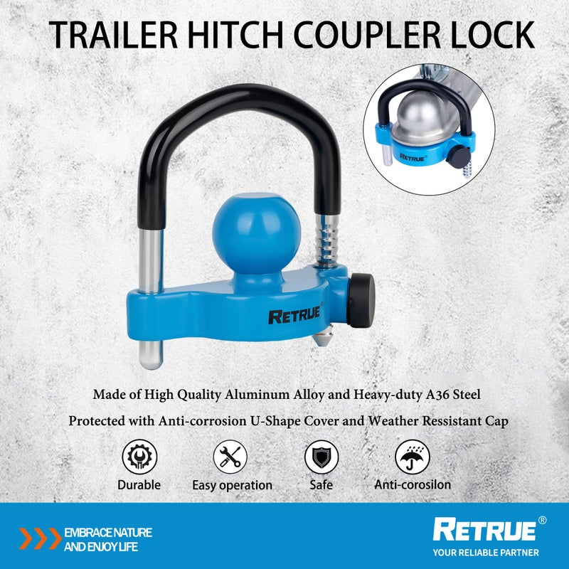 RETRUE Universal Trailer Ball Lock Hitch Coupler Locks Fits 1-7/8 Inch, 2 Inch, 2-5/16 Inch Couplers Adjustable Security with Weatherproof Cover and Cap, Blue - Image 2